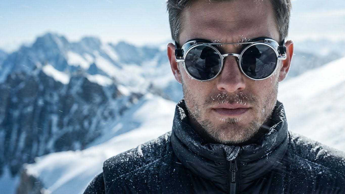 Man standing in snow with sunglasses