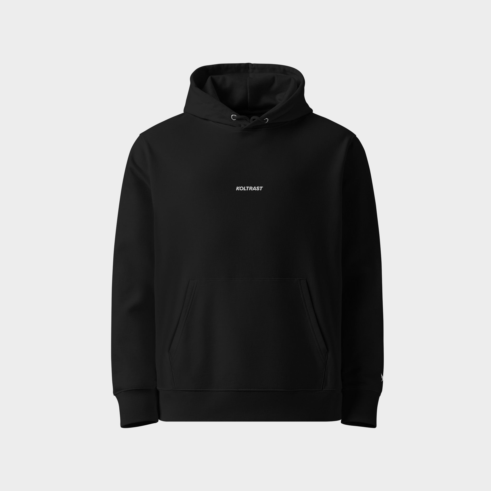 Black hoodie with a Koltrast logo on a light gray background