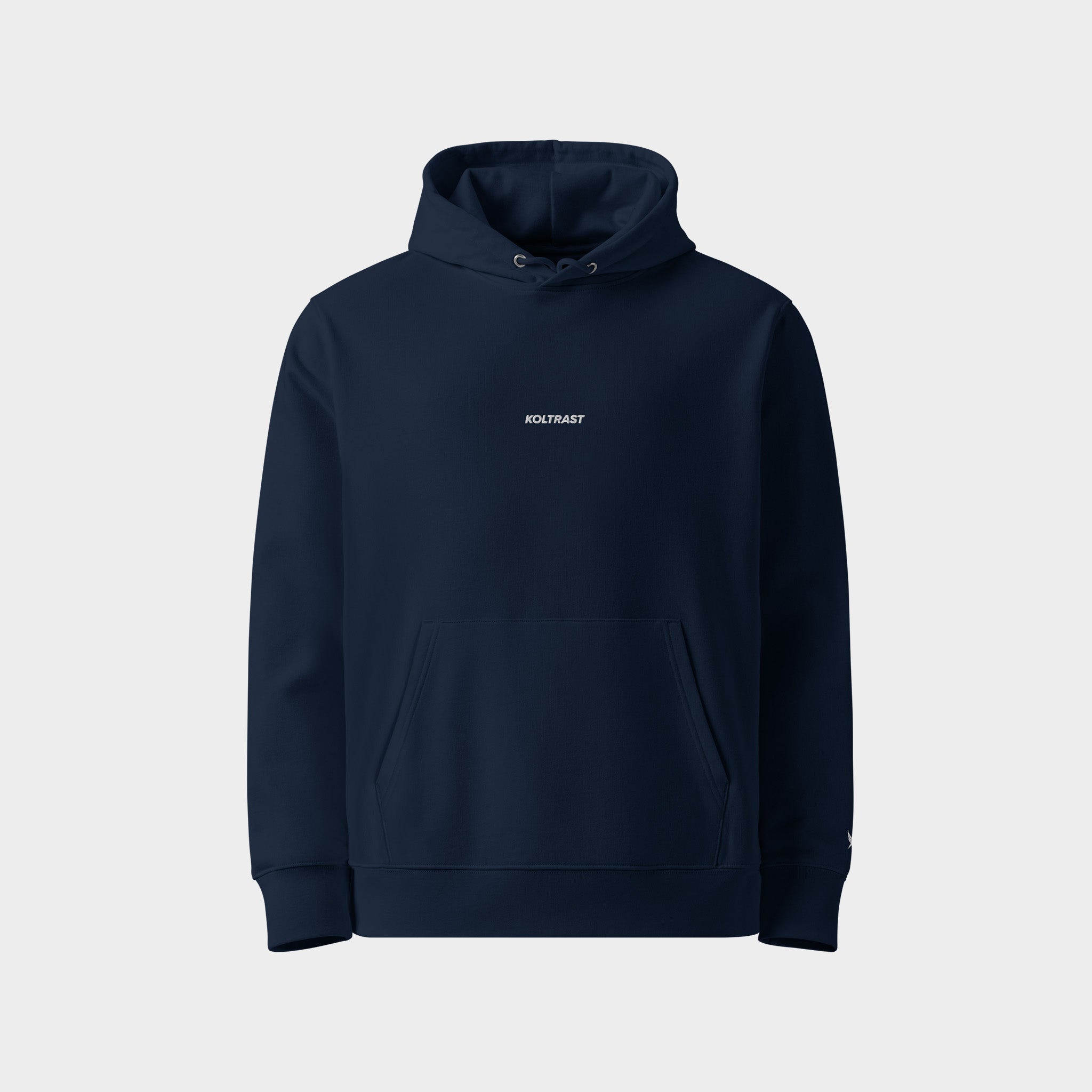 Navy blue hoodie with a Koltrast logo on a light gray background