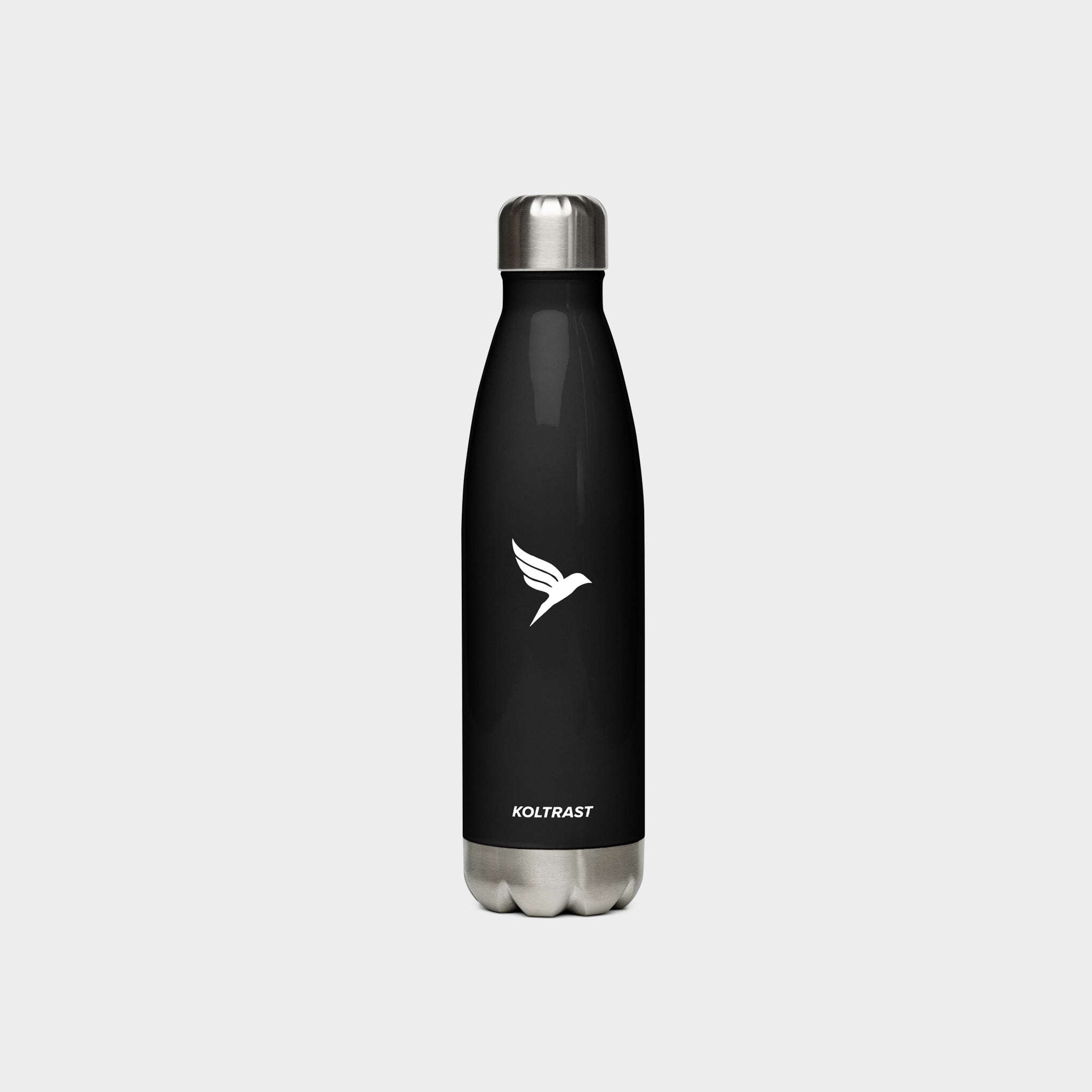 Black insulated bottle with silver cap and white Koltrast logo on a light gray background