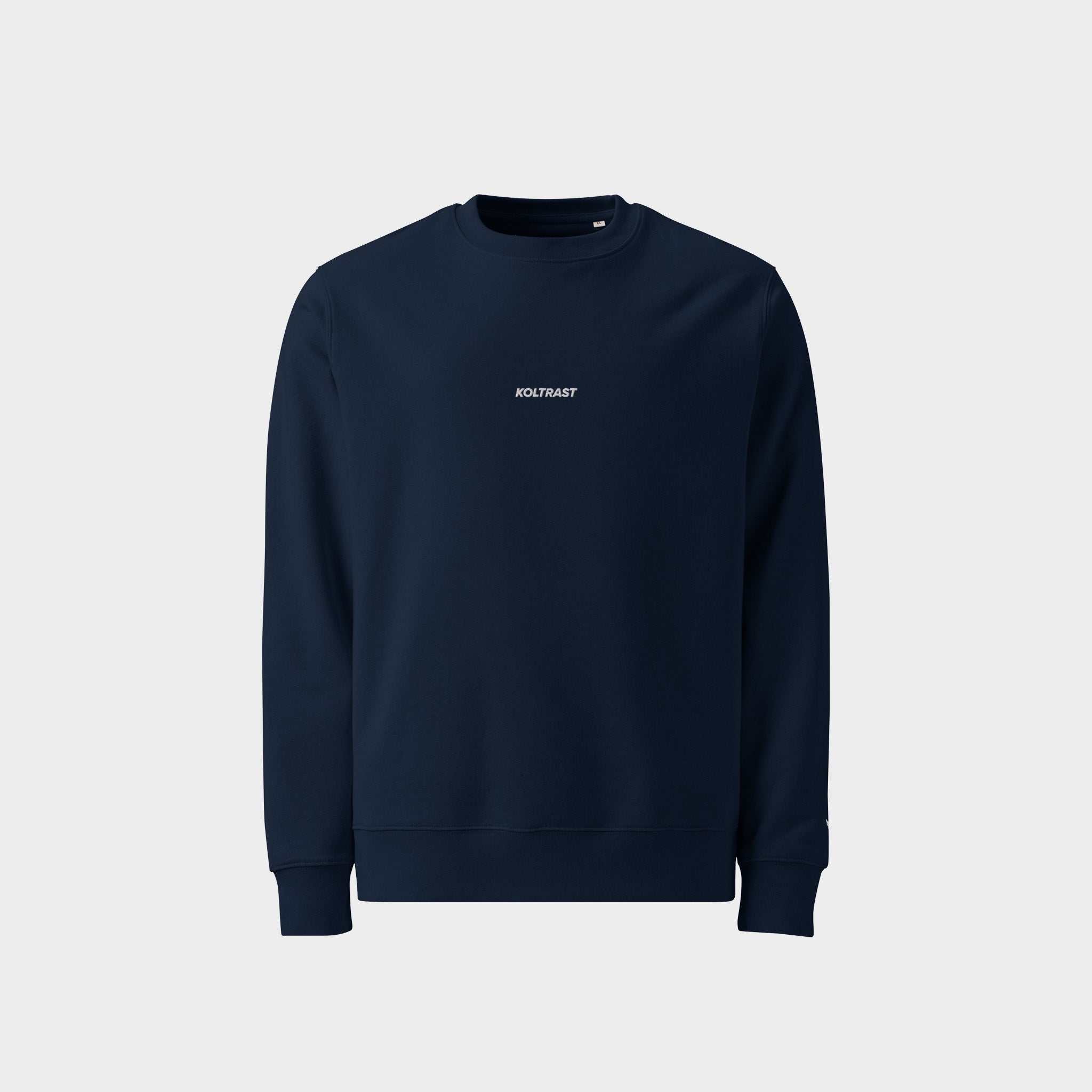 Navy blue sweatshirt with a Koltrast logo on a light gray background
