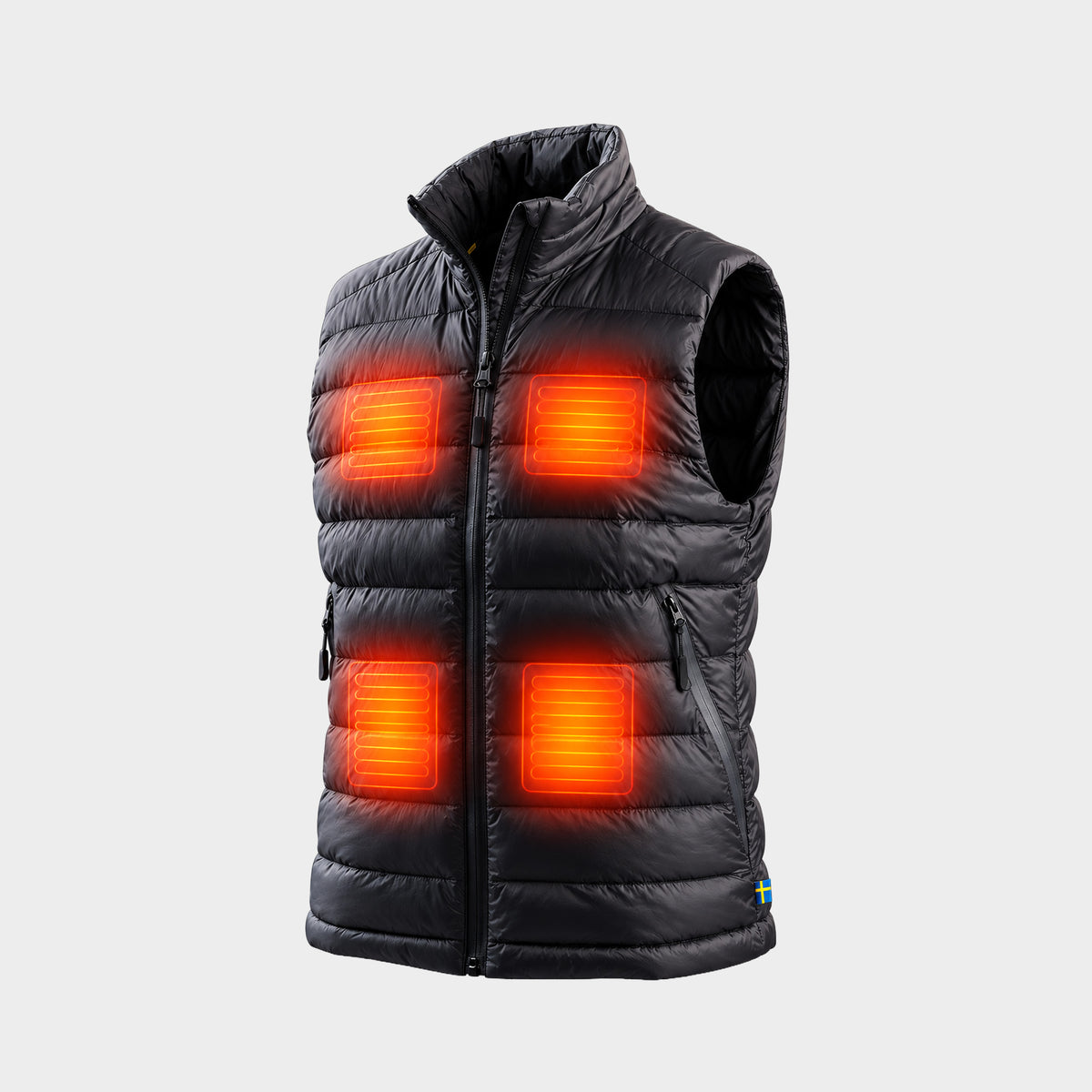 A black puffer vest with four glowing orange heat zones on the front, shown against a light gray background.