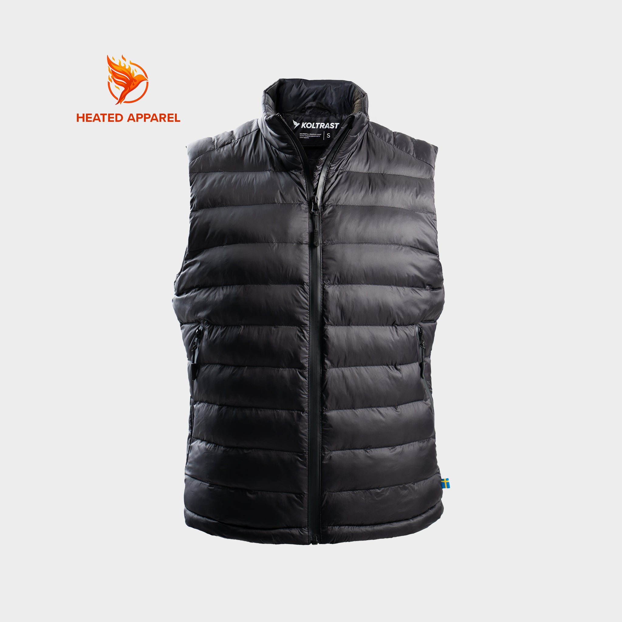 Black puffer vest with 'Heated Apparel' Koltrast logo on a white background